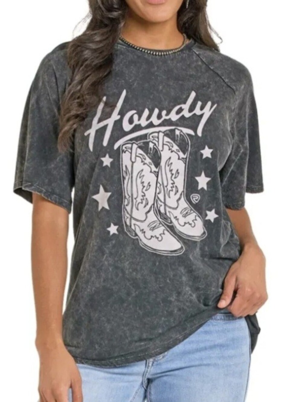 Rock & Roll, Ladies Western Black Acid Wash Howdy Oversized T-Shirt, Size Medium